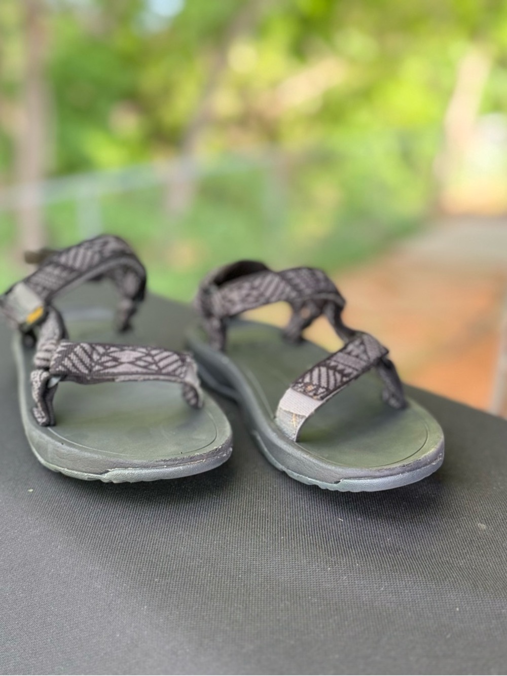 Teva Black Patterned Strap Sandals with Olive Green Footbed